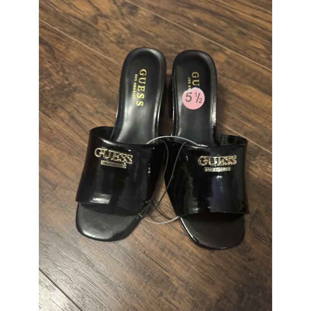 Guess Logo Black Shiny Mules Slip On Block Heels Open Toe Square Sz:5.5